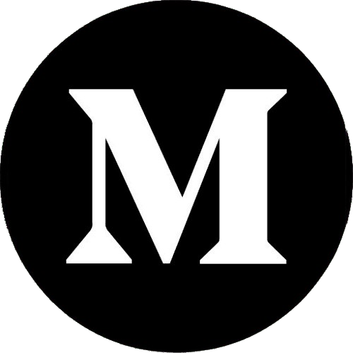 Black circle with a white 'M' in the center