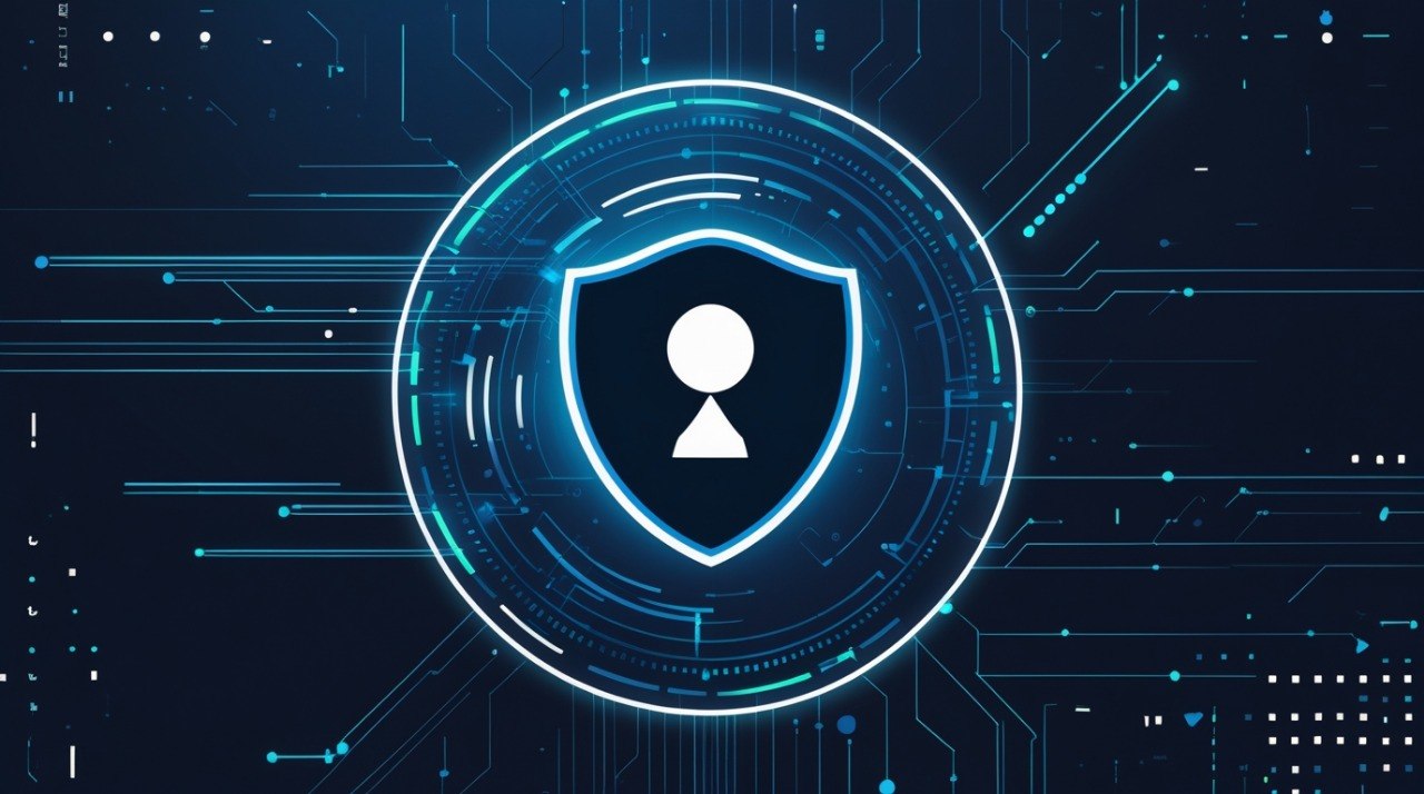 Digital security icon with shield and keyhole symbol on a tech-themed background