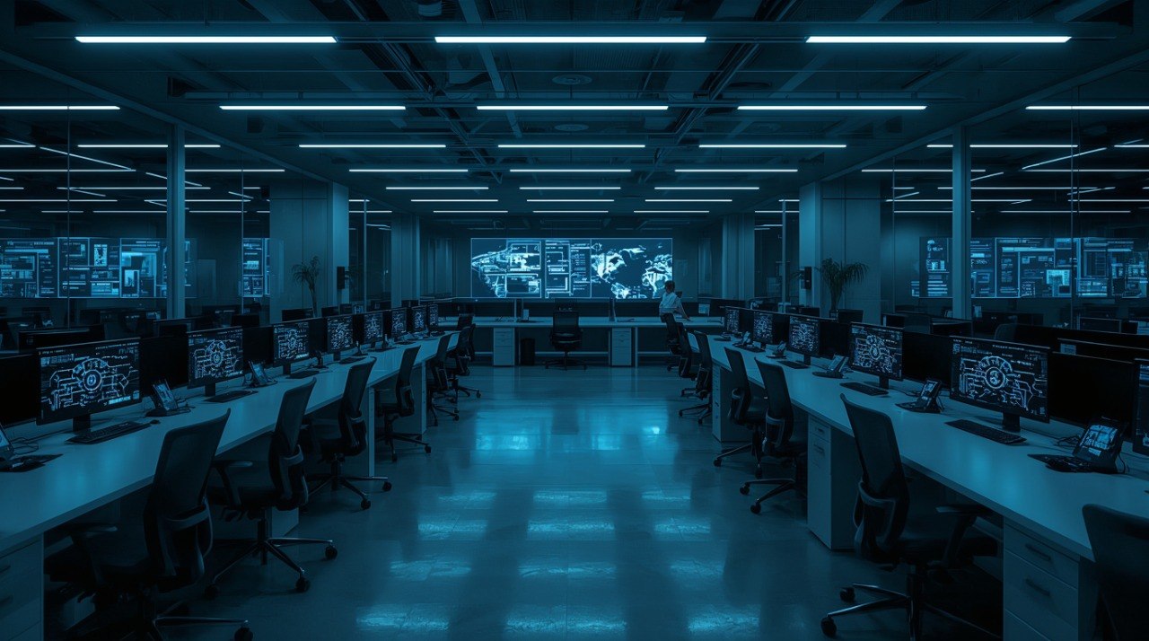 Control room with multiple computer monitors and desks in a dimly lit environment.