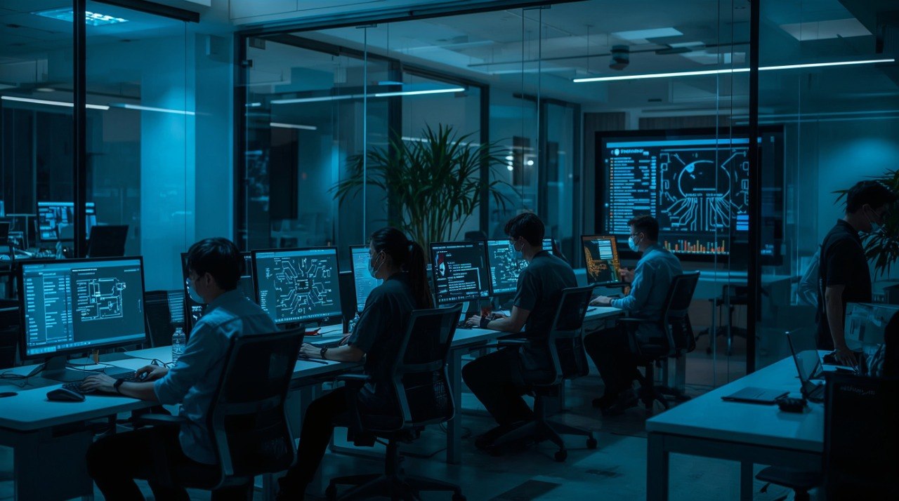 Team of people working in a dark office with multiple computer monitors.