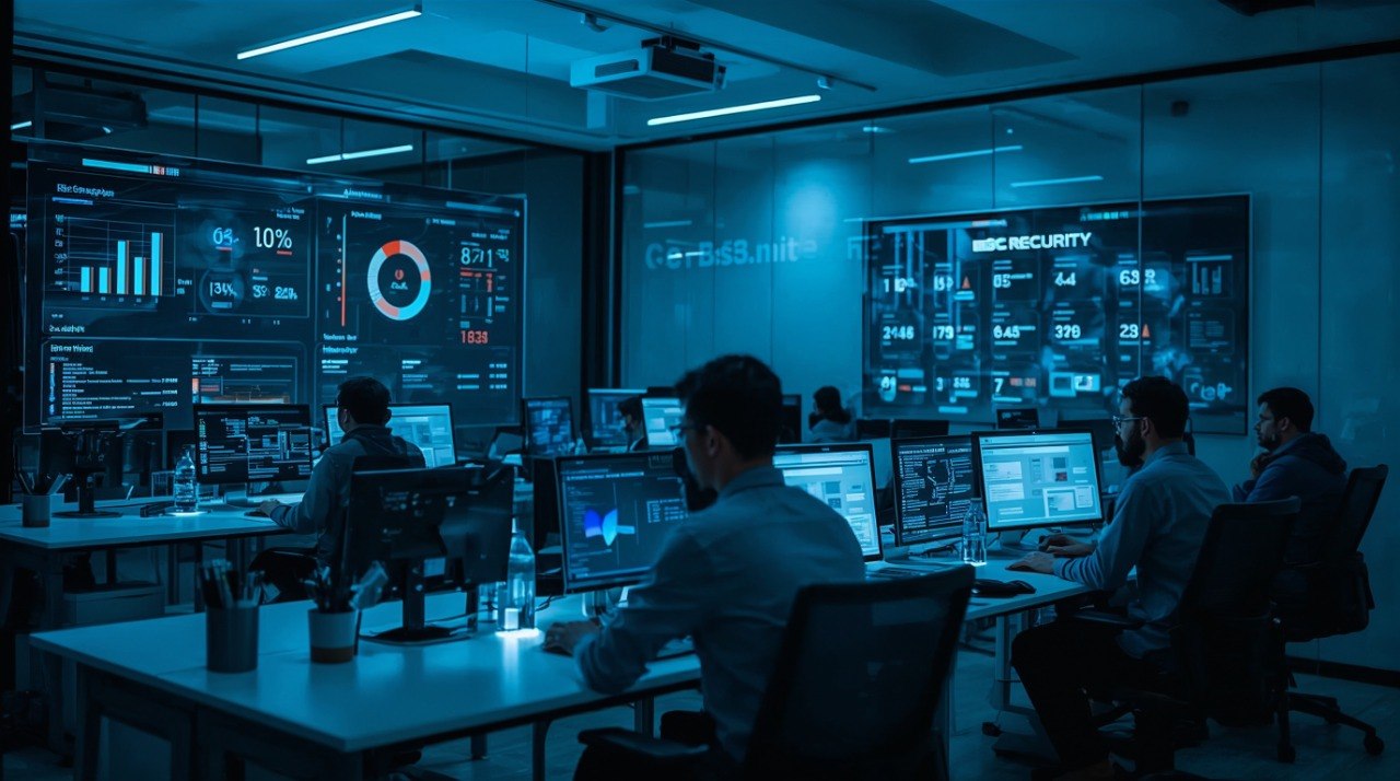 Team of security professionals working in a control room with multiple monitors displaying data.