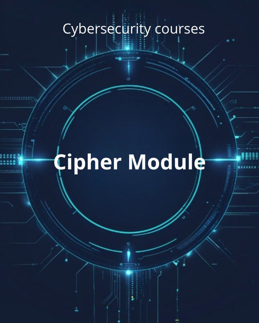 Cybersecurity course module titled 'Cipher Module' with a futuristic blue design.