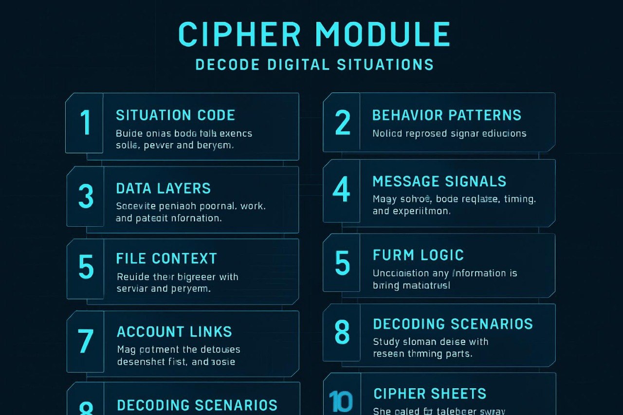 Cipher module decode digital situations with text on a dark background