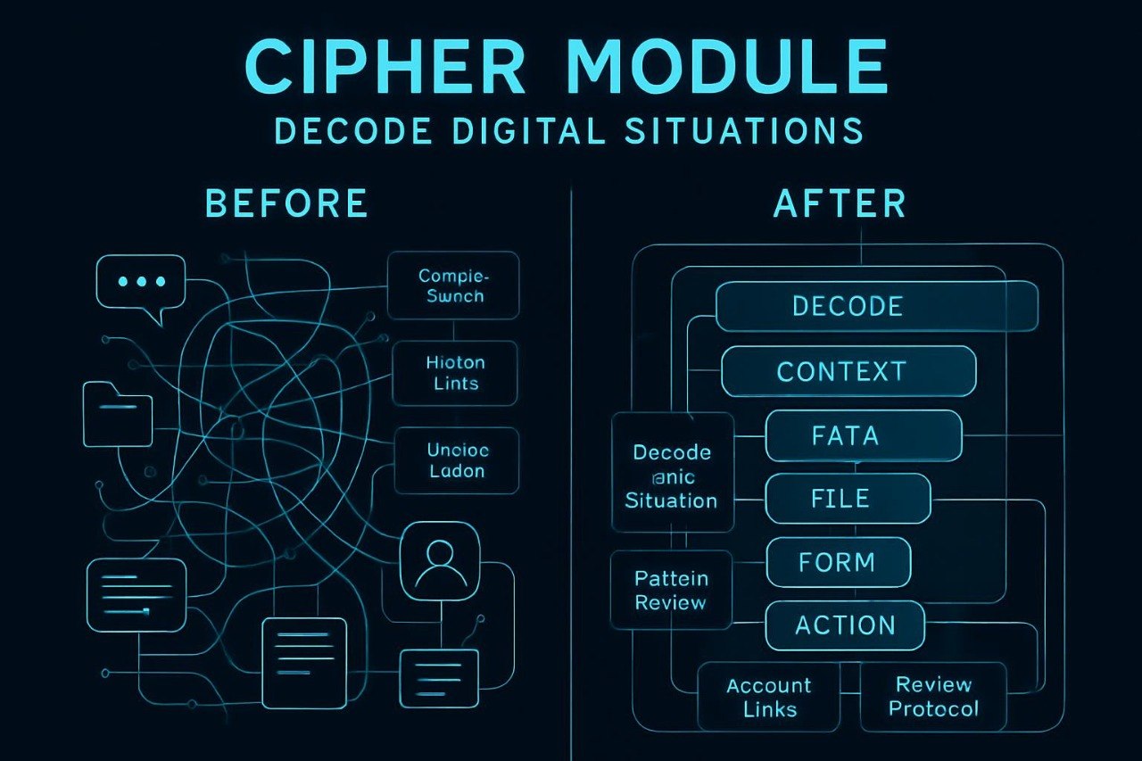 Cipher module graphic showing 'Before' and 'After' states with text and icons.