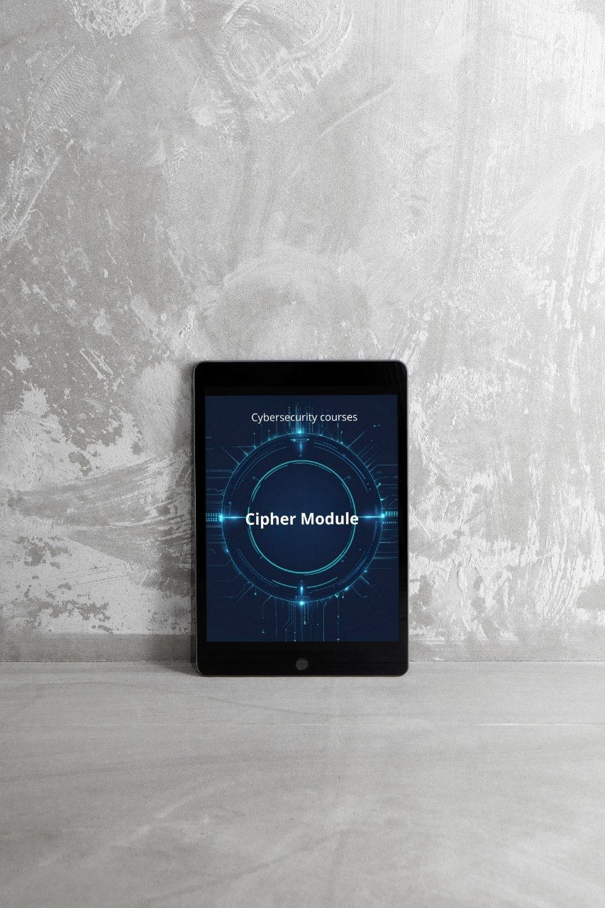 Tablet with cybersecurity courses app on a textured surface