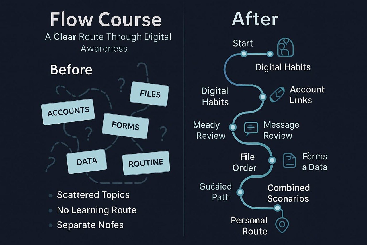 Comparison of 'Before' and 'After' flow course design on a dark background