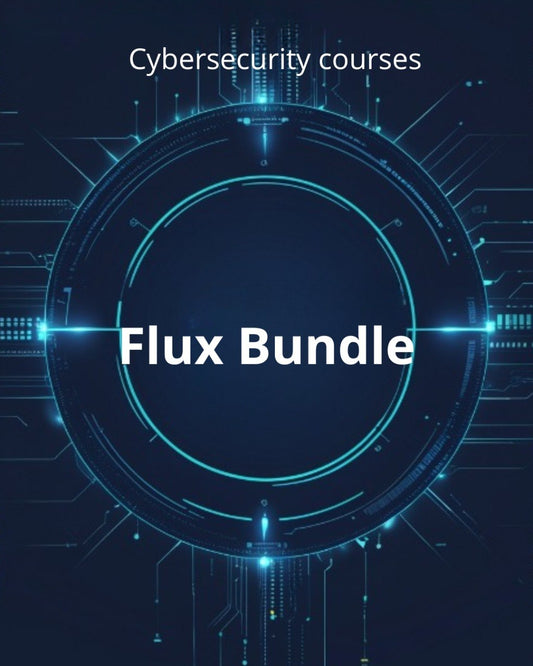 Cybersecurity courses Flux Bundle with futuristic blue circle design on a dark background