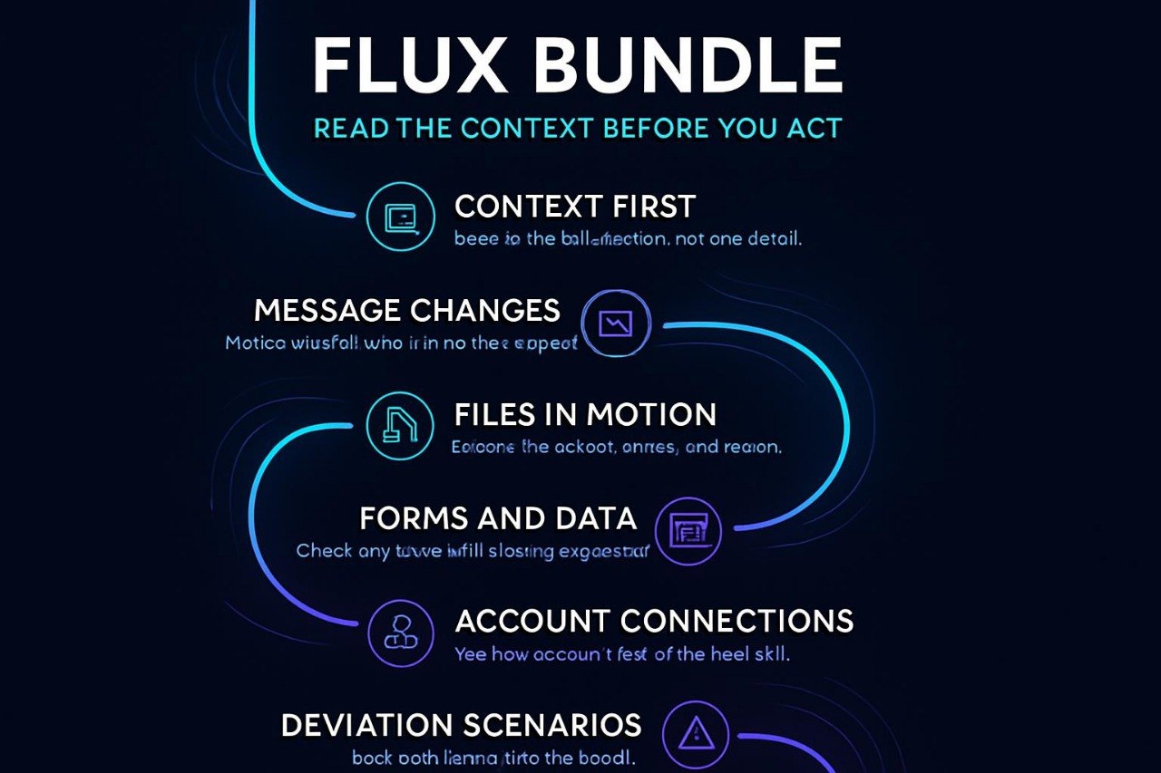 Flux Bundle framework diagram on a dark background with blue text and icons.