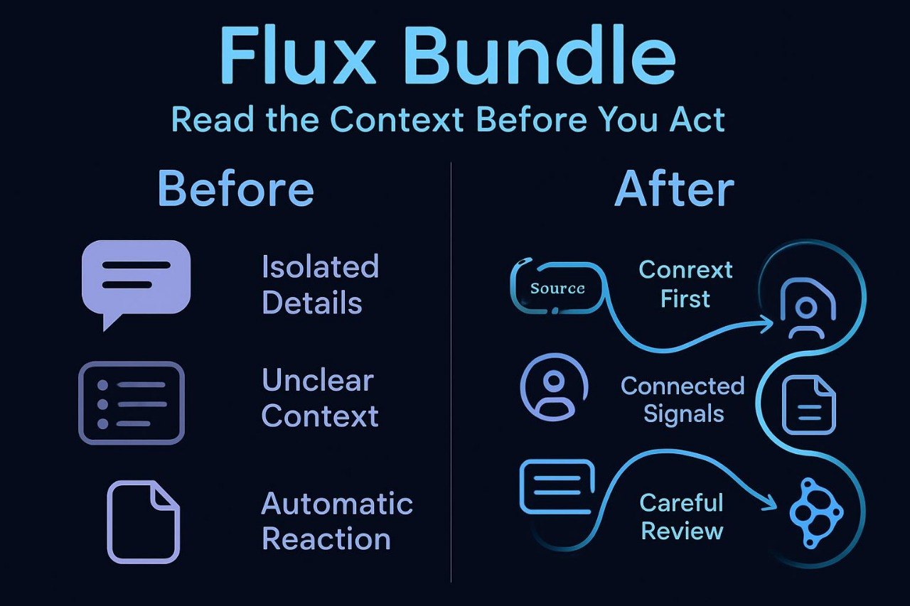 Diagram of Flux Bundle concept with text and icons on a dark background