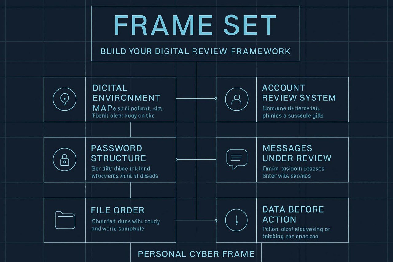 Diagram titled 'Frame Set' for building a digital review framework on a dark blue background.