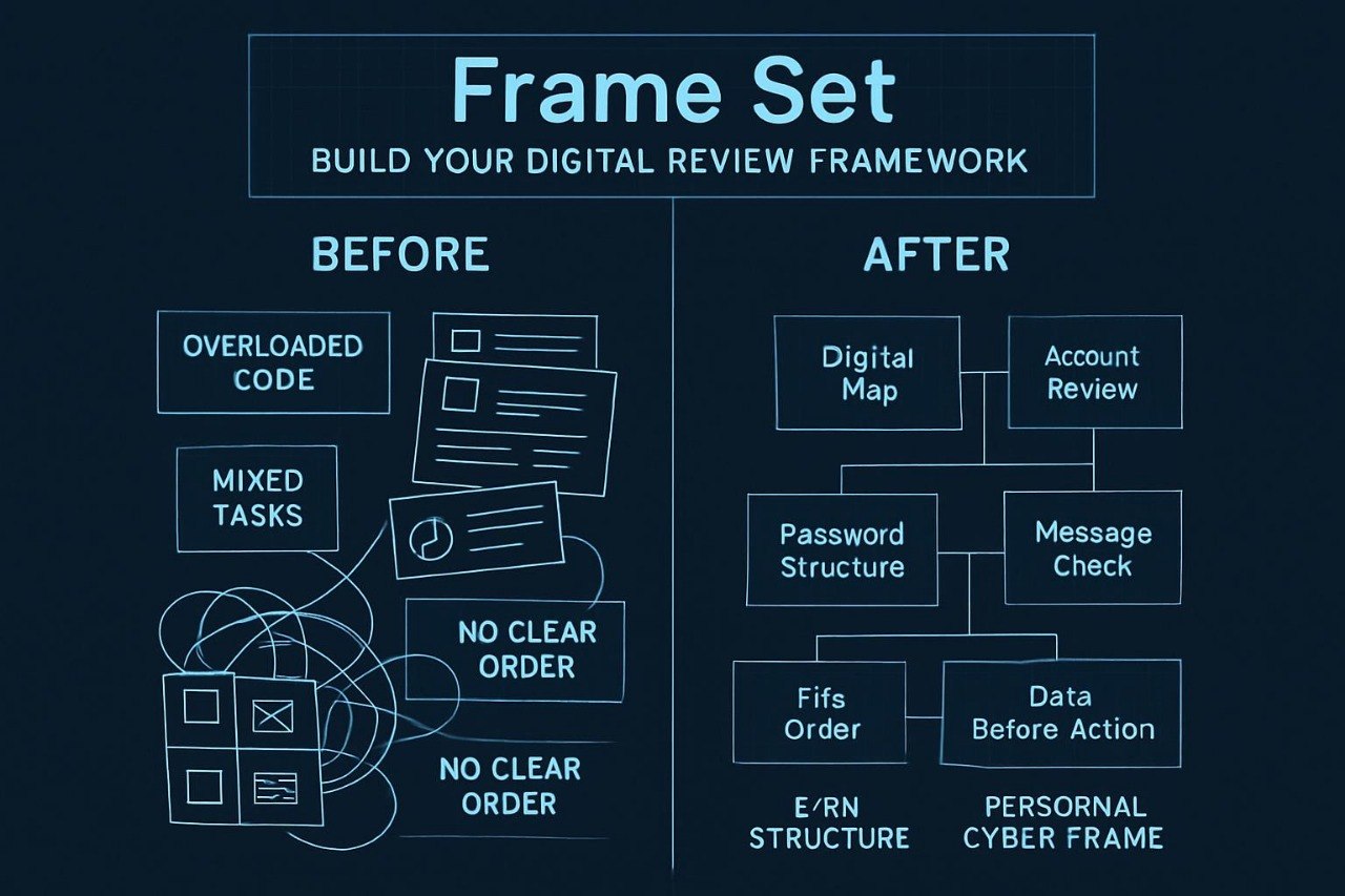 Diagram showing a digital review framework transition from 'Before' to 'After' on a dark background.