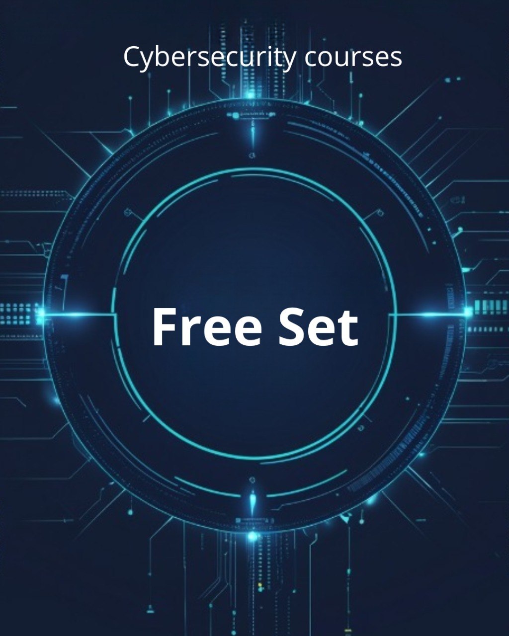 Cybersecurity courses free set with digital circuit design on a dark blue background