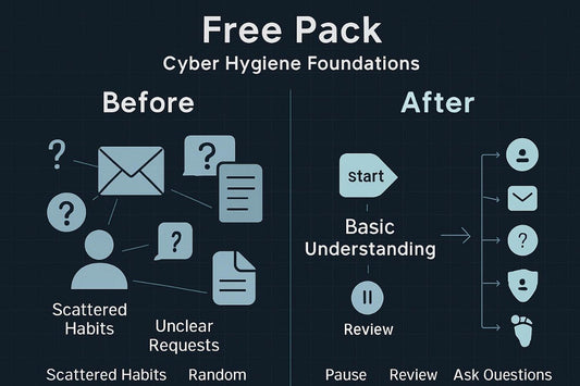 Diagram comparing 'Before' and 'After' cyber hygiene foundations with icons and text on a dark background.