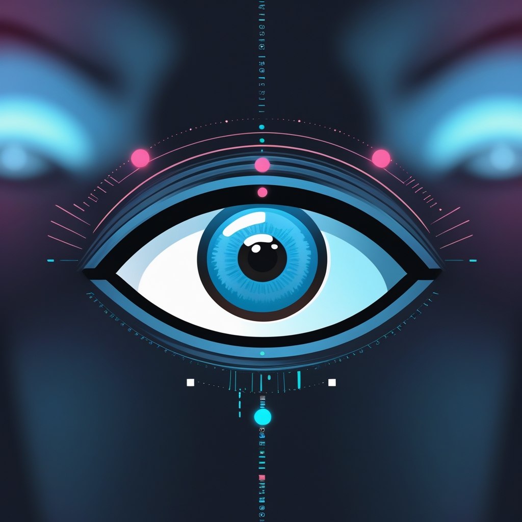 Digital illustration of a futuristic eye with technological elements on a dark background