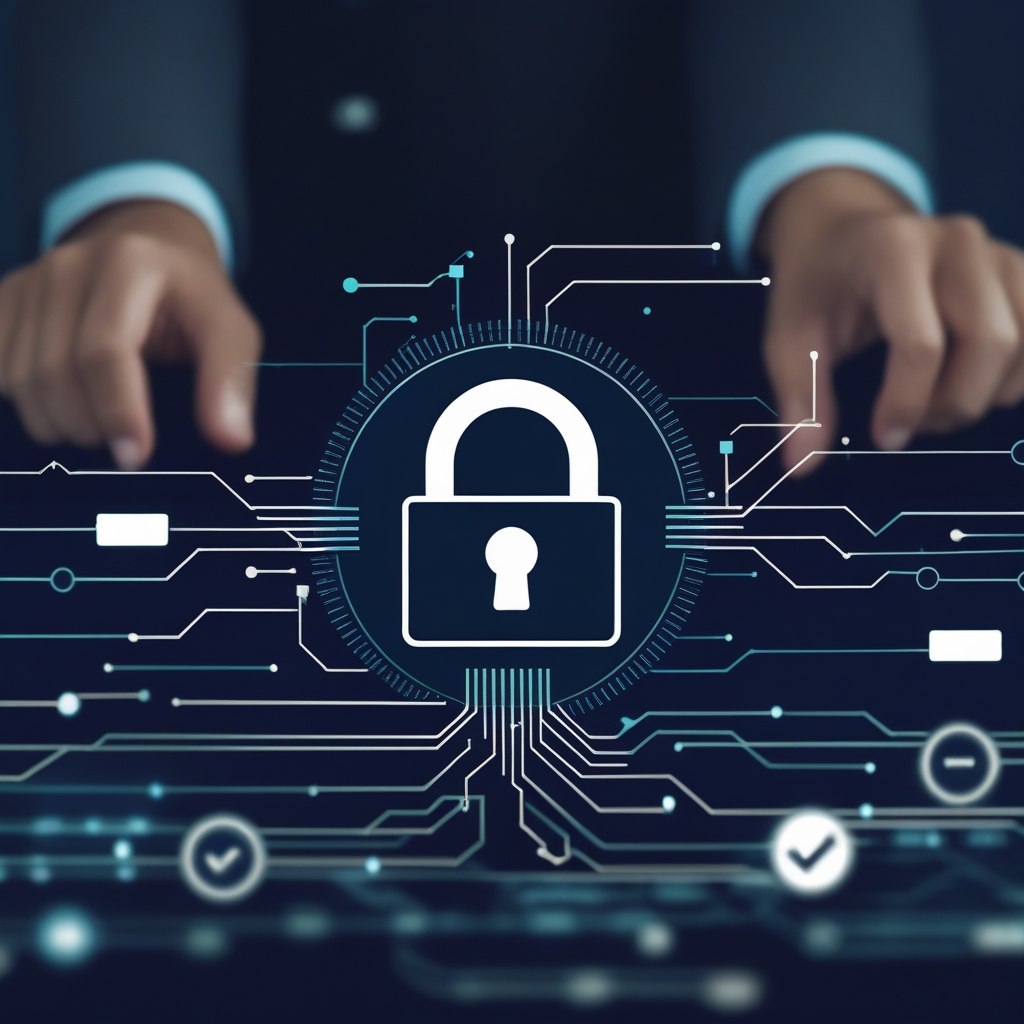 Digital illustration of a lock icon on a futuristic circuit board with hands interacting.
