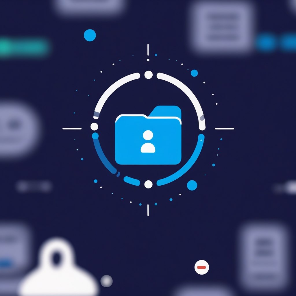 Blue folder icon with a white silhouette inside on a dark blue background with blurred icons.
