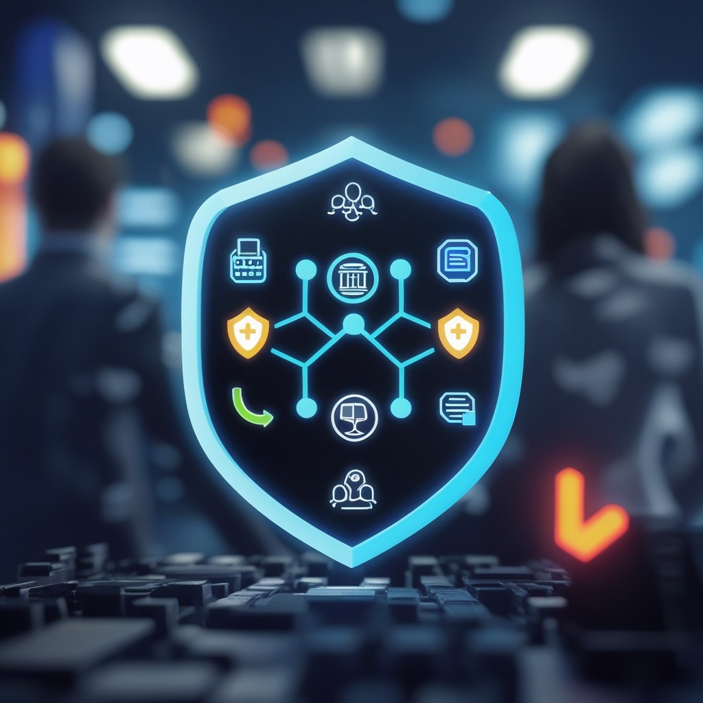 Shield icon with digital symbols on a blurred background of people and technology.
