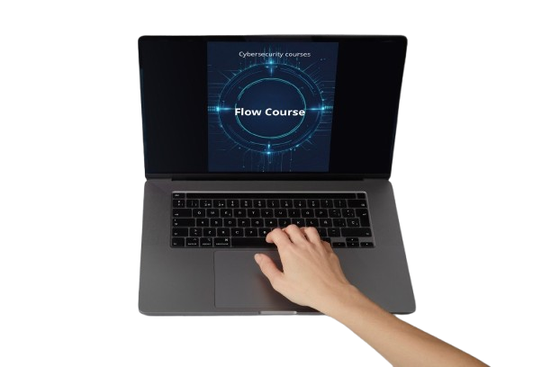 Laptop with cybersecurity course interface on screen, hand interacting with keyboard