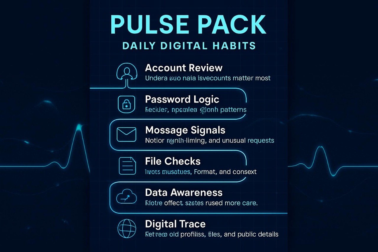 Pulse Pack Daily Digital Habits list on a dark background with blue text and icons.