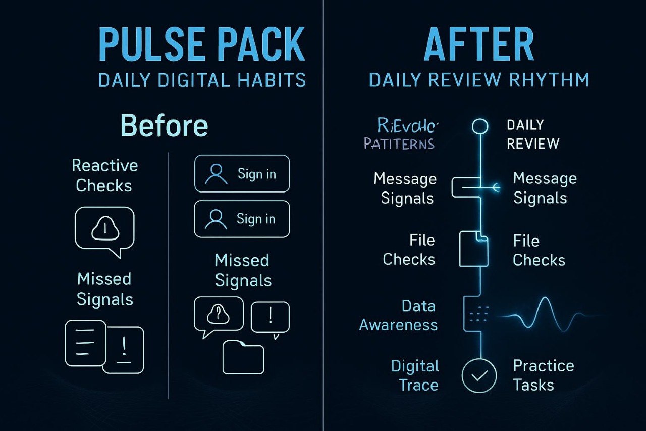 Comparison of 'Before' and 'After' daily digital habits with icons and text on a dark background.