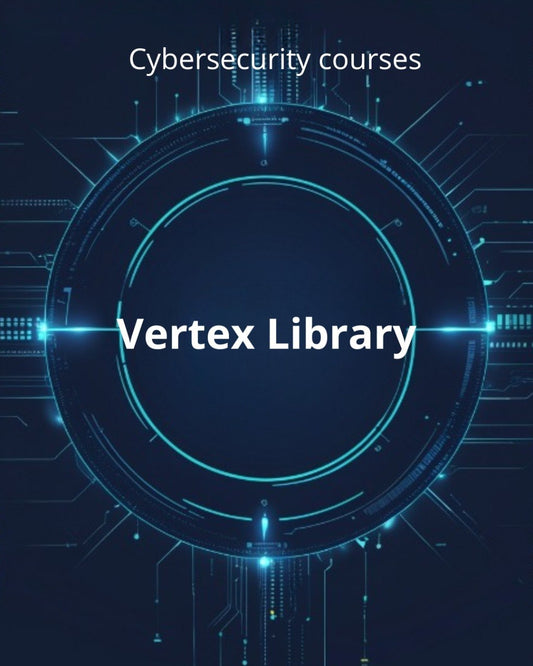 Cybersecurity courses by Vertex Library with a futuristic blue circle design on a dark background