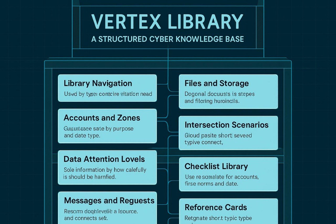 Diagram of a structured cyber knowledge base called 'Vertex Library' with various components.