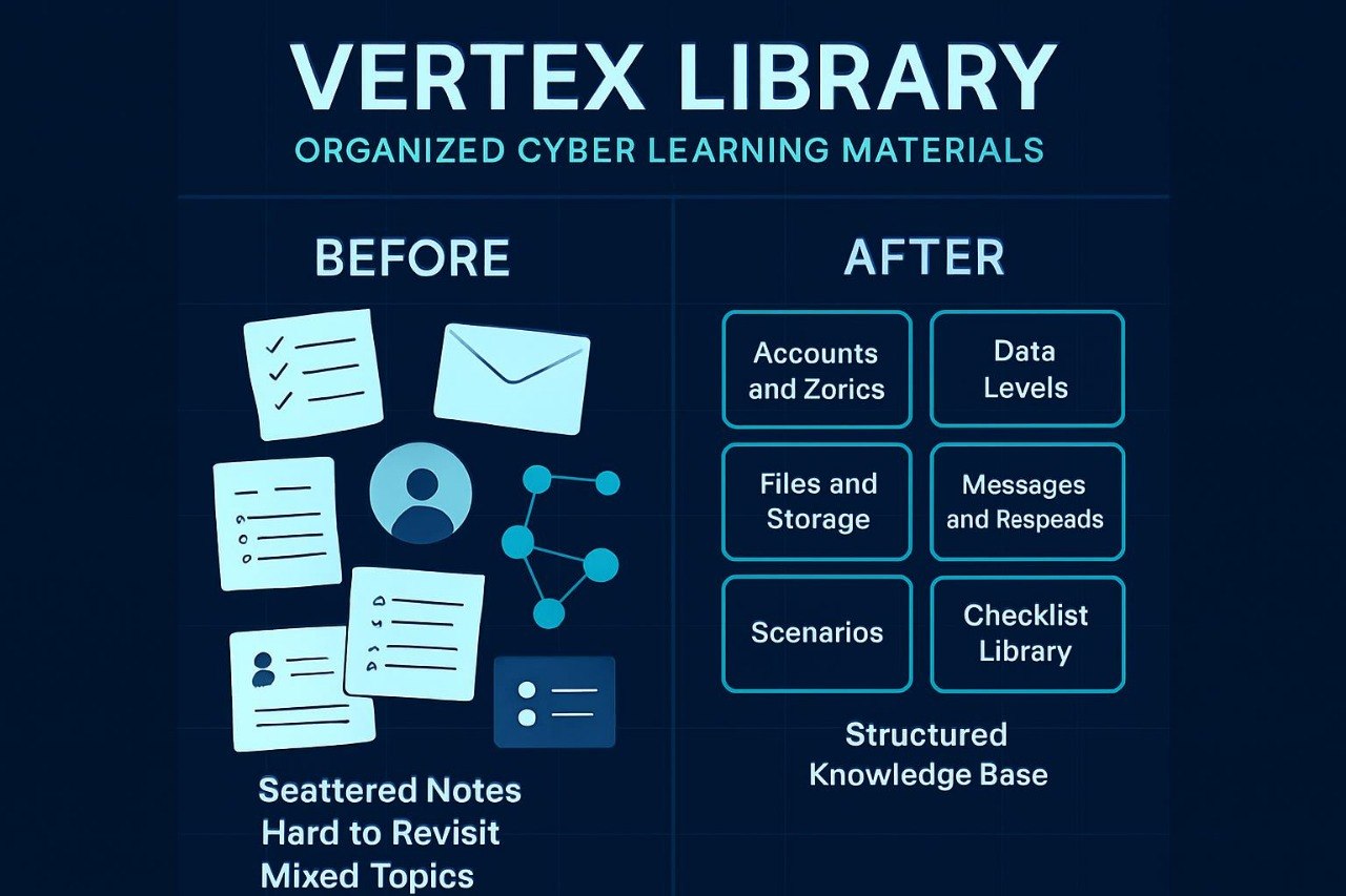 Comparison of 'Before' and 'After' with organized cyber learning materials on a dark blue background.