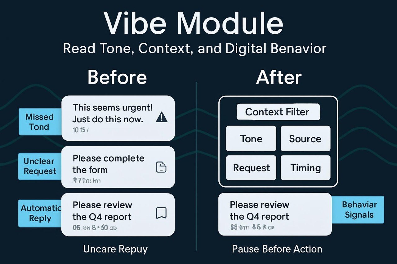 Vibe Module comparison chart showing text before and after processing with context, tone, and digital behavior analysis.